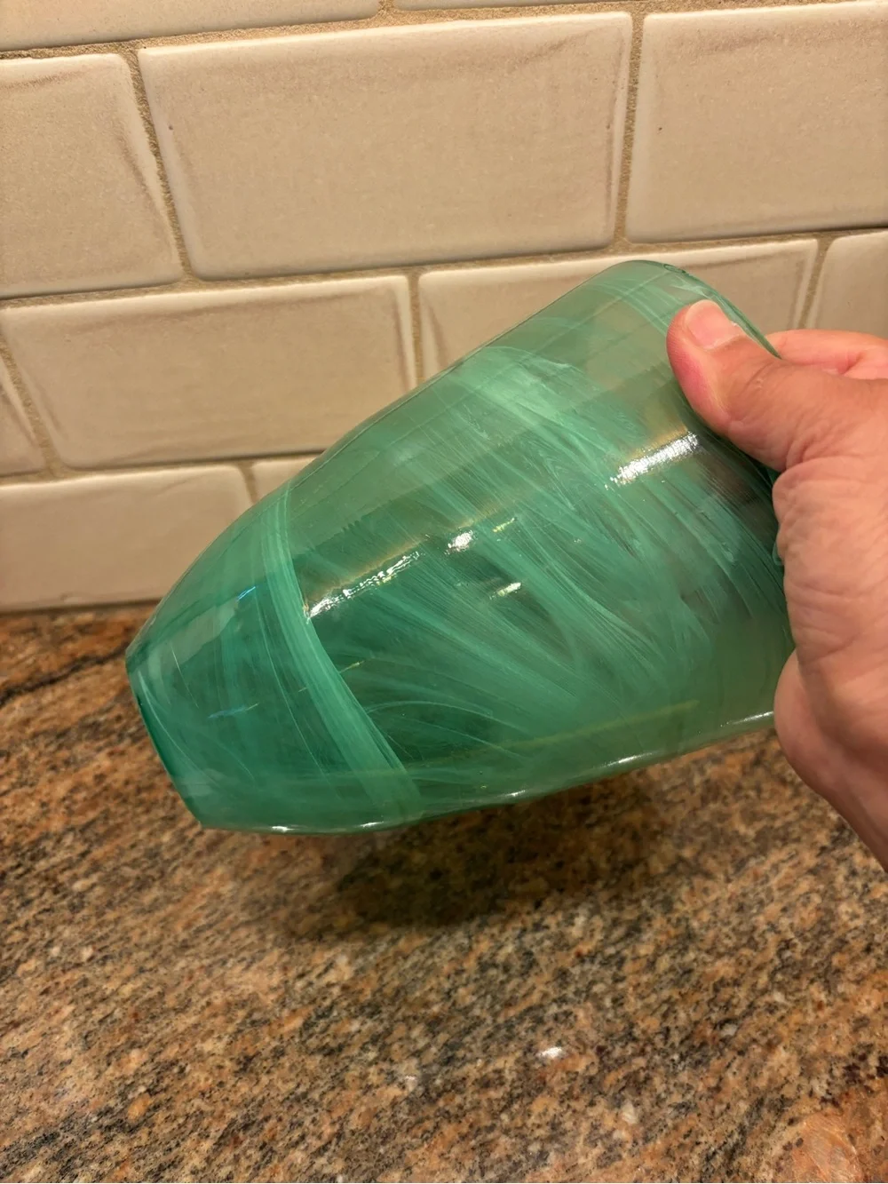 Murano Kosta Boda Style Green Marbled Swirled Glass Vase 7” Tall